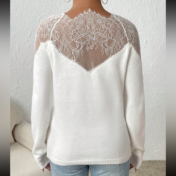 Cozy Sheer Mesh Eyelash Lace Pearls Sweater Top - Picture 2 of 7